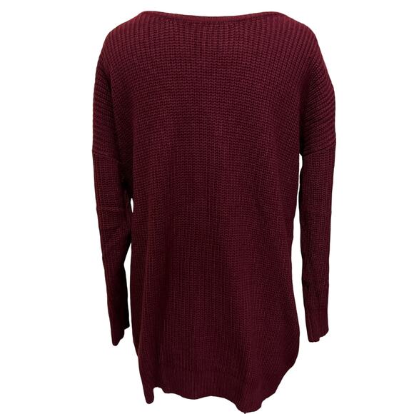 Burgandy Ribbed Long Sleeve V-neck Twist Knot Tunic Mini Sweater Dress Size S - Picture 2 of 9